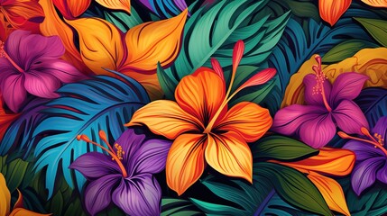 Wall Mural - Tropical colorful flowers . Great for summer exotic wallpaper, backgrounds, packaging, fabric, and giftwrap projects. Surface pattern design, ,generative ai