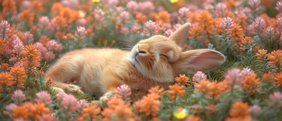 Wall Mural - Small Dog Relaxing in a Field of Wildflowers