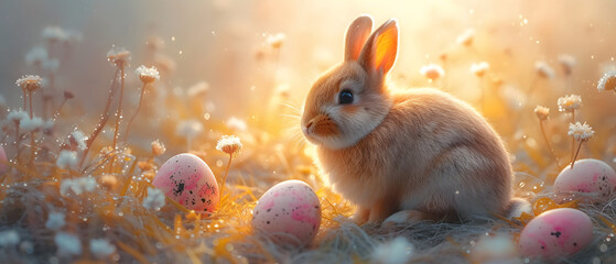 Wall Mural - Rabbit Sitting in Grass Field With Eggs