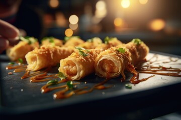 Poster - A close-up view of a plate of food on a table. Can be used to showcase delicious meals or in food-related content