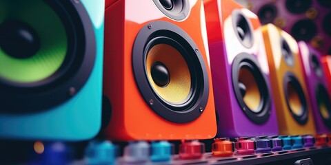 Aufkleber - A collection of speakers neatly arranged on a shelf. Perfect for showcasing audio equipment or setting the mood in a music-themed environment