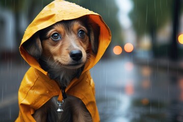 Aufkleber - A small dog wearing a yellow raincoat stands in the rain. This image can be used to depict a cute and prepared pet enjoying a rainy day