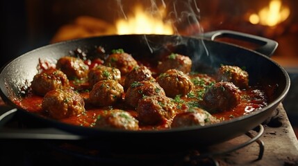 Poster - A pan filled with delicious meatballs covered in savory sauce. Perfect for adding flavor to pasta dishes or serving as appetizers at parties