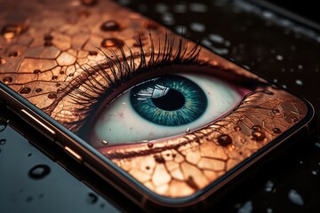 Aufkleber - A close-up view of a cell phone with an eye symbol on the screen. Can be used to represent surveillance, technology, privacy, or smartphone usage