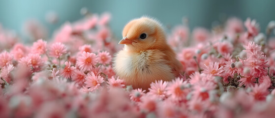 Wall Mural - Small Yellow Bird Perched in Field of Pink Flowers