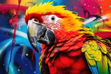 Poster - A brightly colored parrot stands gracefully in front of a colorful background. This image can be used to add a pop of color and vibrancy to various projects