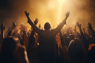 Poster - A man confidently stands in front of a large crowd. This image can be used to represent leadership, public speaking, or standing out from the crowd
