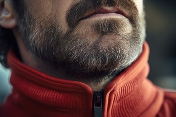 Poster - A close-up view of a man wearing a vibrant red jacket. This versatile image can be used to convey concepts such as fashion, winter clothing, outdoor activities, or casual style