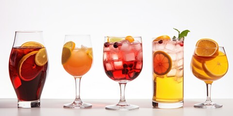 Poster - A collection of glasses filled with different types of beverages. Perfect for illustrating a variety of drinks or showcasing a drink menu.