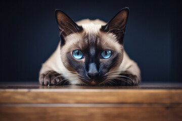 Wall Mural - Fluffy Beauty: Cute White Siamese Kitten with Blue Eyes, Playful and Adorable, Posing on a Brown Background.