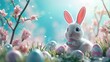 An adorable Easter bunny surrounded by colorful eggs and spring blossoms under a soft blue sky, 3d render