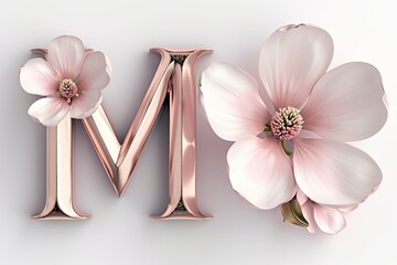 Wall Mural - Elegant 3d magnolia flower letter  m  isolated on white background   modern floral typography