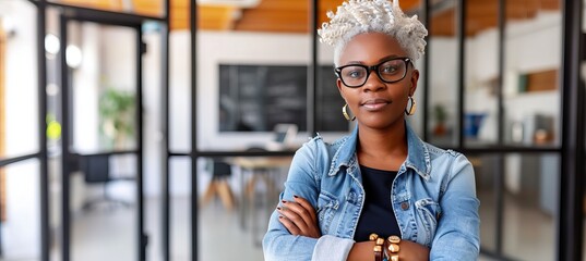 Poster - Confident businesswoman in modern office meeting room with blurred glass walls, space for text