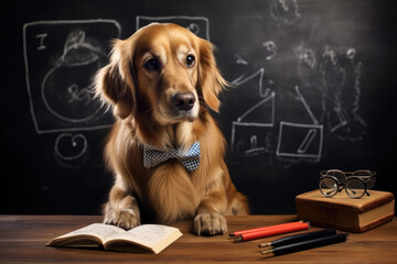 Photo of cute dog in teacher outfit in front of blackboard in classroom