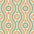 Simple geometric ethnic design with circles and wavy striped lines. Abstract background in vintage style. Seamless repeating pattern.