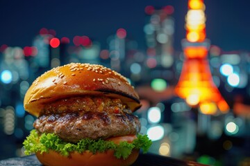 Wall Mural - Japonse Burger: A Chef's Captivating Presentation Featuring a Mouthwatering Hamburger Against the Dynamic Tokyo Skyline with the Iconic Tokyo Tower - A Culinary Delight in the Heart of Urban Energy.