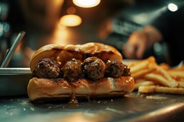 Poster - Gourmet Delight: Chef Expertly Prepares a Classic Meatball Sub Sandwich with Savory Ingredients and Homemade Tomato Sauce.