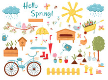 A Large Spring Set Of Vector Elements. Umbrellas, Rubber Boots, Birds, Bugs, Butterflies, Puddles, Bicycle, Garden Equipment, Birdhouse, Green Branch, Flowers, Plants, Garden Tools, Watering Can.