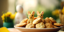 Cute Bunny Shaped Easter Cookies On A Plate, Blurry Background 