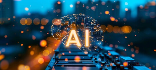 Poster - holographic human brain hovering above cpu with glowing ai icon in futuristic concept