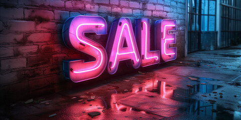 Wall Mural - Sale concept banner design. Bright neon letters on a dark background. Vintage style.. Vintage style. Advertising promotion horizontal layout. Digital artwork raster bitmap.