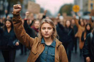 Young woman raises her fist protesting inequality between men and women with crowd behind her on the street.