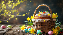 Delicious Easter Cake, Colorful Eggs And Yellow Daffodils Flowers On A Wooden Table
