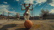 Action photograph of donkey playing basketball Animals. Sports