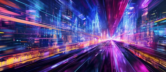 Poster - Futuristic railway with neon glowing elements