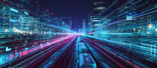 Poster - Futuristic railway with neon glowing elements