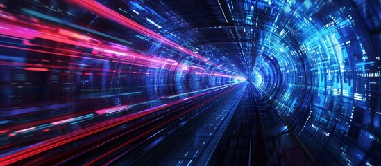 Fototapete - Futuristic railway with neon glowing elements