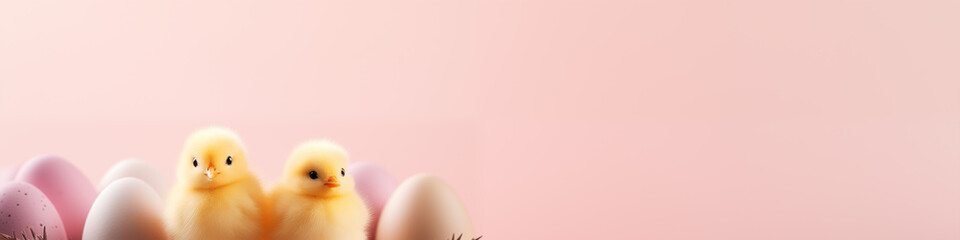 Wall Mural - easter chicks on pink background , web banner 