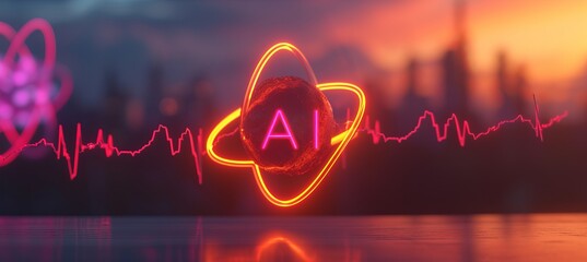 Ai icon with digital heartbeat line, blurred background, copy space   technology concept