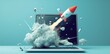 © qntn - Rocket coming out of laptop screen, blue background. AI digital illustration