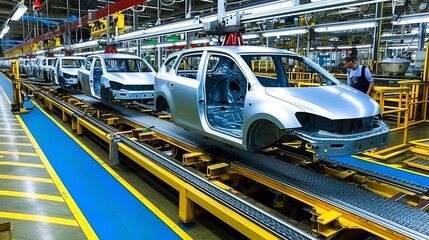 Poster - Auto factory engineer in car manufacturing process on futuristic conveyor, auto industry technology
