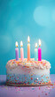 © Art AI Gallery - Birthday cake with burning candles on blue background. Selective focus .