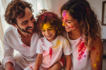 Wall Mural - A Indian family including children celebrating Holi festival with colours	