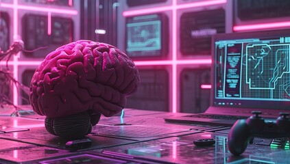 Poster - Neon glowing human brain