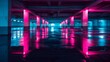 parking structure filled with water, neon pink and blue, minimalist street photography, contrast and light shadow