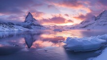 Large Frozen Chunks Of Iceberg Floating In A Winter Lake In The Sunset Mountain, Cold Steam Gradient Cloudy Sky