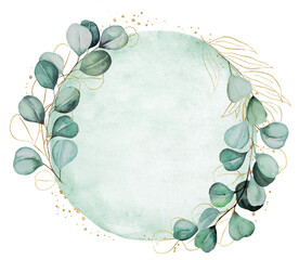 Wall Mural - Round frame made with green and golden watercolor eucalyptus leaves, wedding illustration