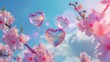 dreamy scene iridescent floating hearth, blossoming flowers with a blue cloudy sky