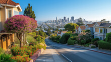 Panoramic View Captures The Warmth Of A Sunset Bathing A Sprawling Suburban Landscape. The Houses Neatly Lined And The San Francisco City Skyline In The Distance