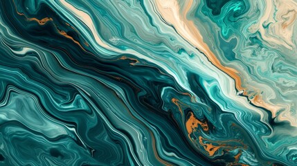  Abstract Wave Painting Background in the Style of Dark Teal and Light Beige - Organic Topography Marbleized Art in Colors Light Green and Aquamarine Wallpaper created with Generative AI Technology