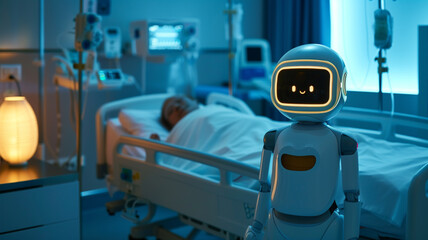 modern medical setting where a patient rests in a hospital bed under the watchful care of a humanoid robot nurse