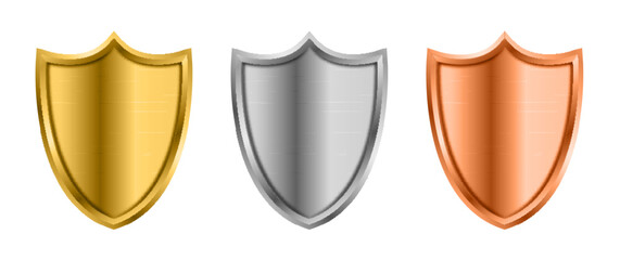 Poster - Gold, silver and bronze metal shield. Safety and protection vintage metallic trophy shield with frame, gleams and light reflections. Vector illustration.