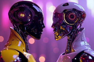 Poster - The robots are looking at each other on purple background