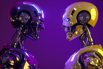 Poster - The robots are looking at each other on purple background