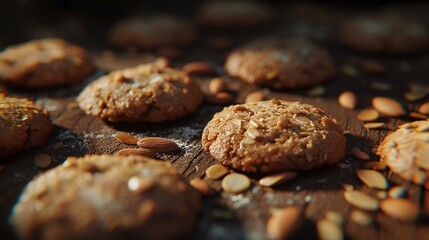 Homemade oatmeal cookies with almonds on a wooden table. Selective focus.