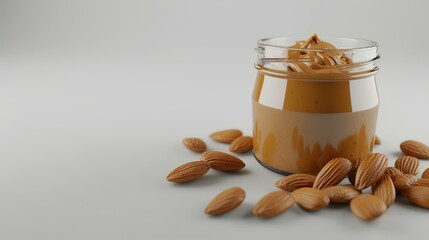 Wall Mural - Glass jar of peanut butter with almonds on a white background. 3d illustration